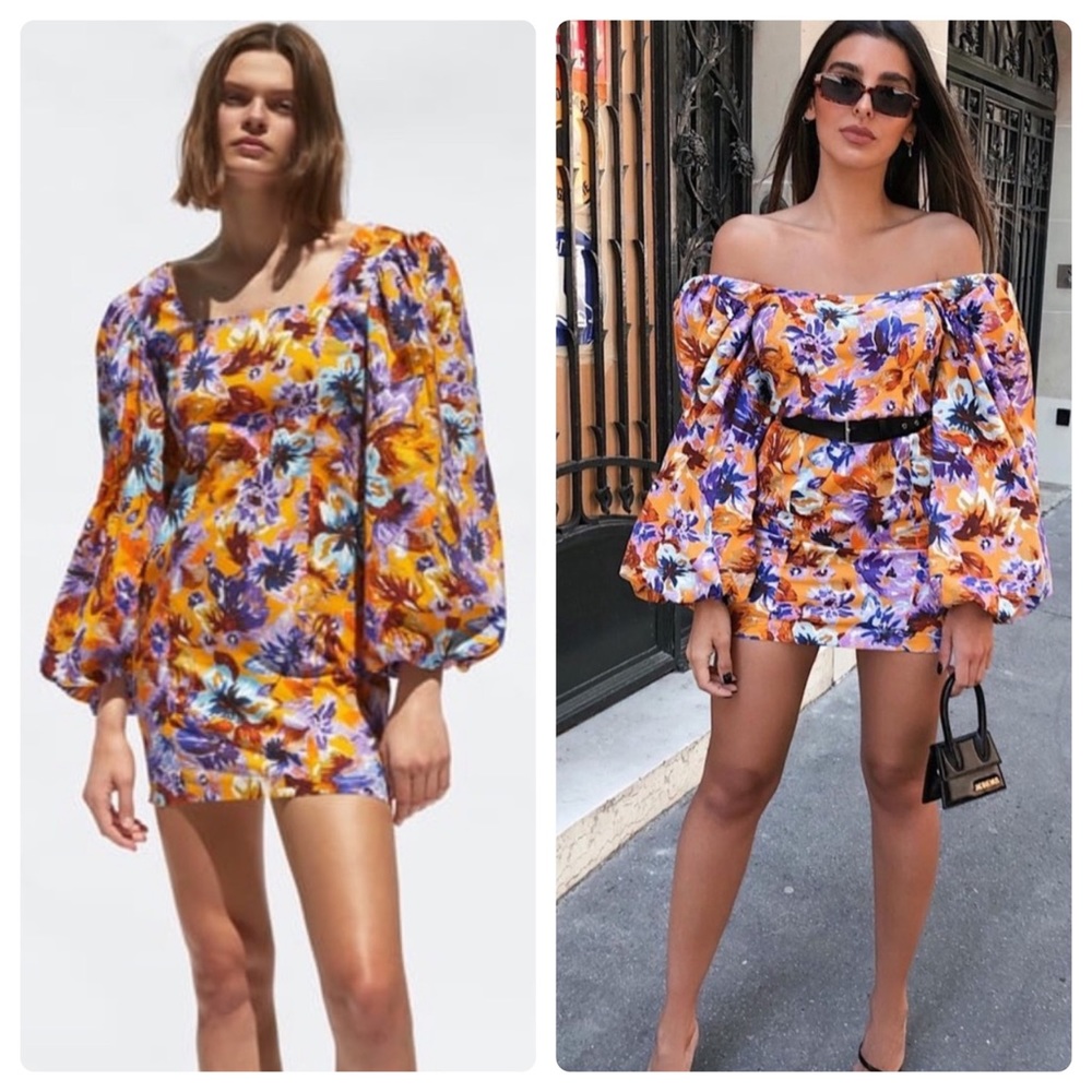 New Zara Off the Shoulder Floral Print Mini Dress in yellow, size Medium